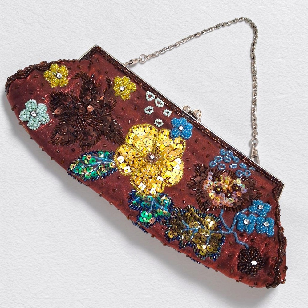 Vintage Y2K Beaded Sequined Floral Satin Clutch Purse Rust Maroon Multicolor Bag